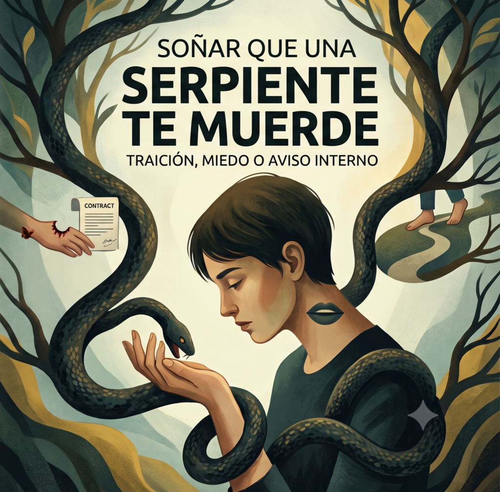 Soñar que una Serpiente te Muerde Serpiente enroscada en la penumbra, ilustración onírica